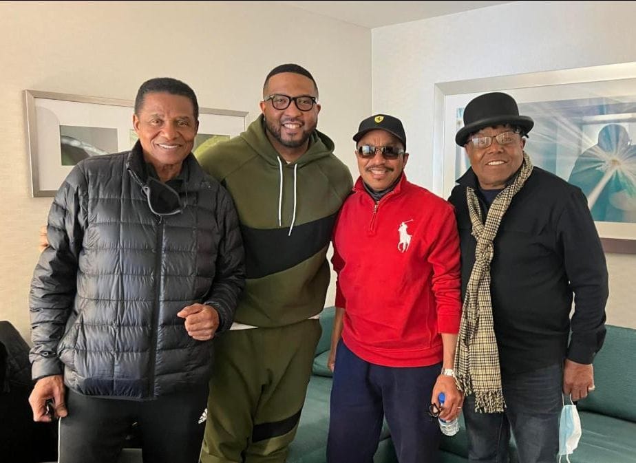 THE JACKSONS ANNOUNCE their endorsement of Senator Eddie Melton for mayor. Pictured from l-r: Jackie Jackson, Senator Melton, Tito Jackson, and Marlon Jackson.