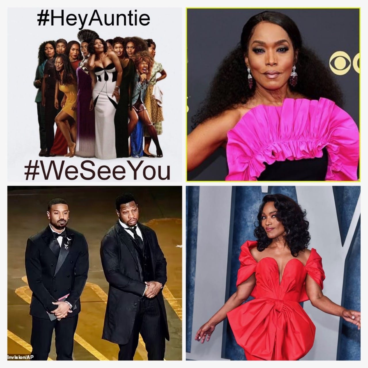 A COMPILATION OF photos of Angela Bassett, in person and in various movie roles, courtesy of Twitter. Michael B. Jordan and Jonathan Majors gave a shoutout to Bassett during the recent Academy Awards presentations.